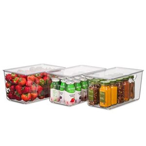 Set Of 12 Refrigerator Organizer Bins with Lids - Plastic Pantry Organization and Storage Baskets - Stackable Food Fridge Organizers with Cutout Handles for Freezer, Kitchen, Countertops, Cabinets