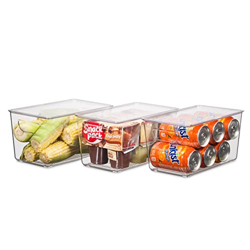 Set Of 12 Refrigerator Organizer Bins with Lids - Plastic Pantry Organization and Storage Baskets - Stackable Food Fridge Organizers with Cutout Handles for Freezer, Kitchen, Countertops, Cabinets