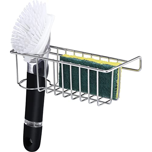 2 IN 1 SPONGE HOLDER, MOVABLE Kitchen Sink Caddy Sponge Holder + Brush Holder, Small In Sink Dish Sponge Caddy, 304 Stainless Steel, Hanging Kitchen Sink Organizer Accessories Rack Basket -No Adhesive