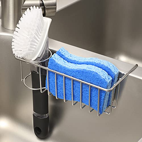 2 IN 1 SPONGE HOLDER, MOVABLE Kitchen Sink Caddy Sponge Holder + Brush Holder, Small In Sink Dish Sponge Caddy, 304 Stainless Steel, Hanging Kitchen Sink Organizer Accessories Rack Basket -No Adhesive