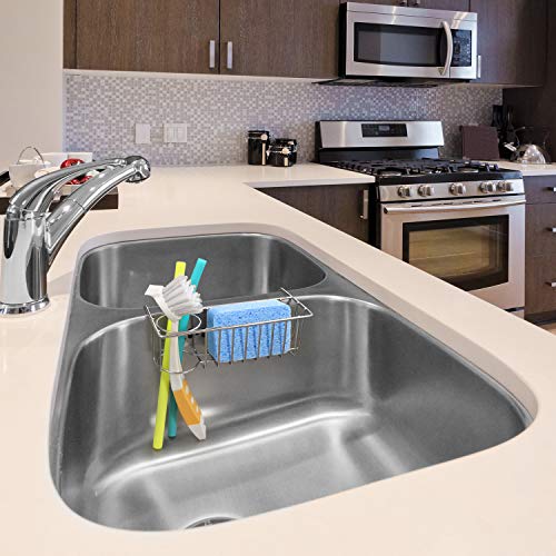 2 IN 1 SPONGE HOLDER, MOVABLE Kitchen Sink Caddy Sponge Holder + Brush Holder, Small In Sink Dish Sponge Caddy, 304 Stainless Steel, Hanging Kitchen Sink Organizer Accessories Rack Basket -No Adhesive