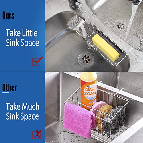 2 IN 1 SPONGE HOLDER, MOVABLE Kitchen Sink Caddy Sponge Holder + Brush Holder, Small In Sink Dish Sponge Caddy, 304 Stainless Steel, Hanging Kitchen Sink Organizer Accessories Rack Basket -No Adhesive