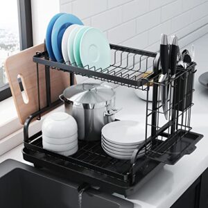 kitsure dish drying rack -multifunctional dish rack, rustproof kitchen dish drying rack with drainboard & utensil holder, 2-tier dish drying rack with a large capacity for kitchen counter