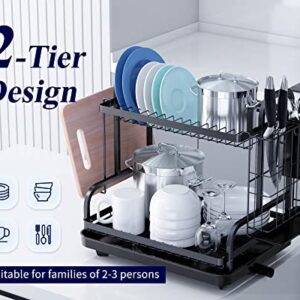 Kitsure Dish Drying Rack -Multifunctional Dish Rack, Rustproof Kitchen Dish Drying Rack with Drainboard & Utensil Holder, 2-Tier Dish Drying Rack with a Large Capacity for Kitchen Counter