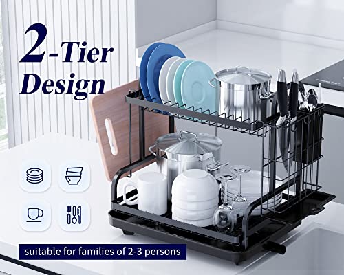 Kitsure Dish Drying Rack -Multifunctional Dish Rack, Rustproof Kitchen Dish Drying Rack with Drainboard & Utensil Holder, 2-Tier Dish Drying Rack with a Large Capacity for Kitchen Counter