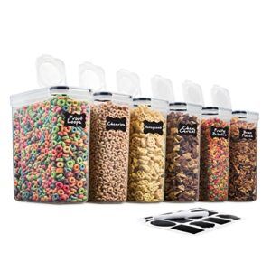 6 pack airtight cereal & dry food storage container – bpa free plastic kitchen and pantry organization canisters for, flour, sugar, rice, nuts, snacks, pet food & more (135.5 oz) labels & chalk marker