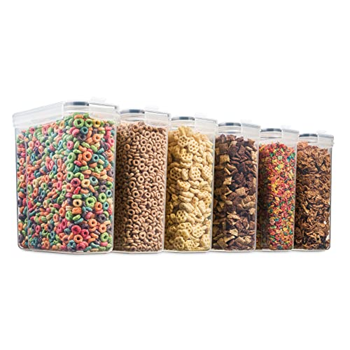 6 Pack Airtight Cereal & Dry Food Storage Container - BPA Free Plastic Kitchen and Pantry Organization Canisters for, Flour, Sugar, Rice, Nuts, Snacks, Pet Food & More (135.5 Oz) Labels & Chalk Marker