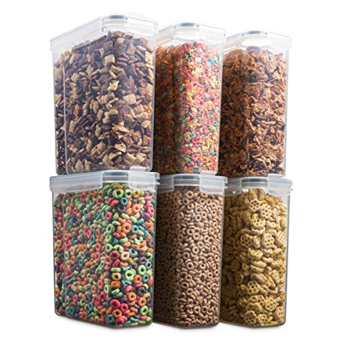 6 Pack Airtight Cereal & Dry Food Storage Container - BPA Free Plastic Kitchen and Pantry Organization Canisters for, Flour, Sugar, Rice, Nuts, Snacks, Pet Food & More (135.5 Oz) Labels & Chalk Marker