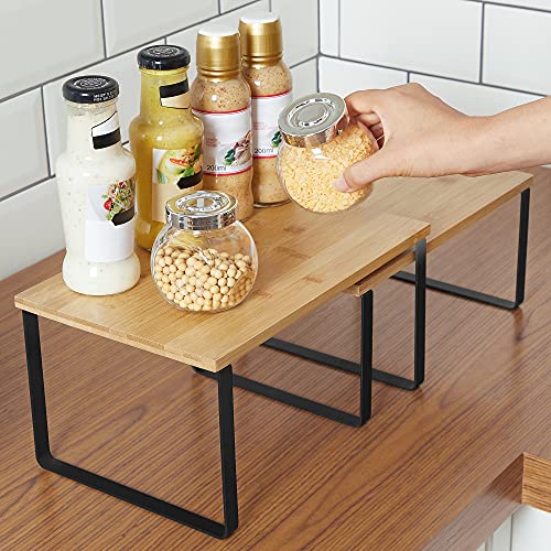 SONGMICS Cabinet Organizer Shelf, Set of 2 Kitchen Counter Shelves, Stackable, Expandable, Metal and Engineered Wood, Black and Natural UKCS02NB