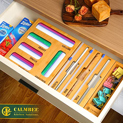 Calmbee Plastic Wrap Dispenser with Cutter and Ziplock Bag organizer, 9 IN 1 Bamboo Foil and Plastic Wrap Organizer for Kitchen Drawer, Ziplock Bag Storage Organizer for Gallon,Quart,Sandwich,Snack