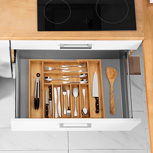 Premium Bamboo Silverware Organizer - Expandable Kitchen Drawer Organizer and Utensil Organizer, Perfect Size Cutlery Tray with Drawer Dividers for Kitchen Utensils and Flatware (7-9 Slots) (Natural)