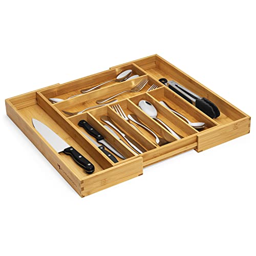 Premium Bamboo Silverware Organizer - Expandable Kitchen Drawer Organizer and Utensil Organizer, Perfect Size Cutlery Tray with Drawer Dividers for Kitchen Utensils and Flatware (7-9 Slots) (Natural)