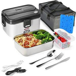 Electric Lunch Box Food Heater, Heated Lunch Box for Adults and kids, food warmer lunch box, 70W 110V/12V/24V, heating lunch box for work, food warmer for car, 1.8L with Cutlery Set & Ice Pack