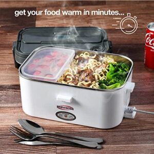 Electric Lunch Box Food Heater, Heated Lunch Box for Adults and kids, food warmer lunch box, 70W 110V/12V/24V, heating lunch box for work, food warmer for car, 1.8L with Cutlery Set & Ice Pack