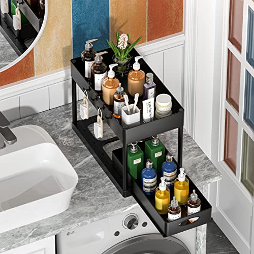 PUILUO Under Sliding Cabinet Basket Organizer, 2 Tier Storage Under Cabinet Bathroom Under Sink Organizers and Storage Black Under Sink Storage for Bathroom Kitchen