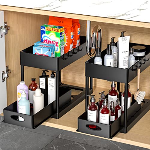 PUILUO Under Sliding Cabinet Basket Organizer, 2 Tier Storage Under Cabinet Bathroom Under Sink Organizers and Storage Black Under Sink Storage for Bathroom Kitchen