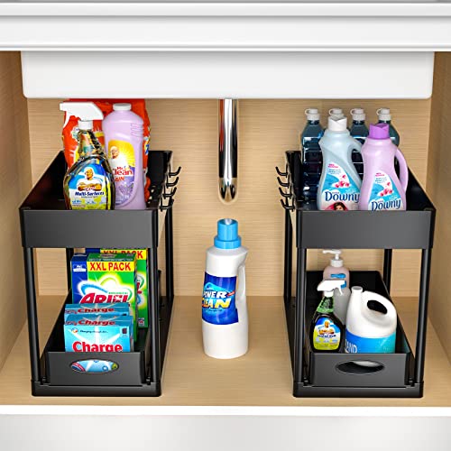 PUILUO Under Sliding Cabinet Basket Organizer, 2 Tier Storage Under Cabinet Bathroom Under Sink Organizers and Storage Black Under Sink Storage for Bathroom Kitchen