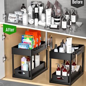 PUILUO Under Sliding Cabinet Basket Organizer, 2 Tier Storage Under Cabinet Bathroom Under Sink Organizers and Storage Black Under Sink Storage for Bathroom Kitchen