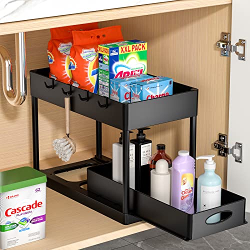 PUILUO Under Sliding Cabinet Basket Organizer, 2 Tier Storage Under Cabinet Bathroom Under Sink Organizers and Storage Black Under Sink Storage for Bathroom Kitchen