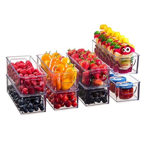 Set Of 8 Refrigerator Organizer Bins - Stackable Fridge Organizers with Cutout Handles for Pantry, Freezer, Kitchen, Countertops, Cabinets - Clear Plastic Food Storage Bins