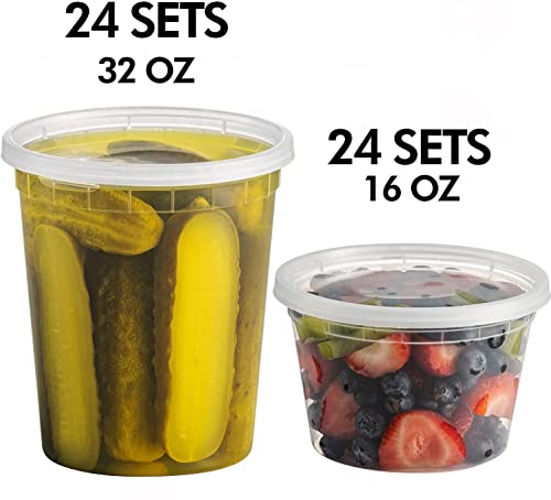 JoyServe Deli Food Containers with Lids - (48 Sets) 24-32 Oz Quart Size & 24-16 Oz Pint Size Airtight Food Storage Takeout Meal Prep Containers with 54 Lids, BPA-Free, Dishwasher, Microwave Safe