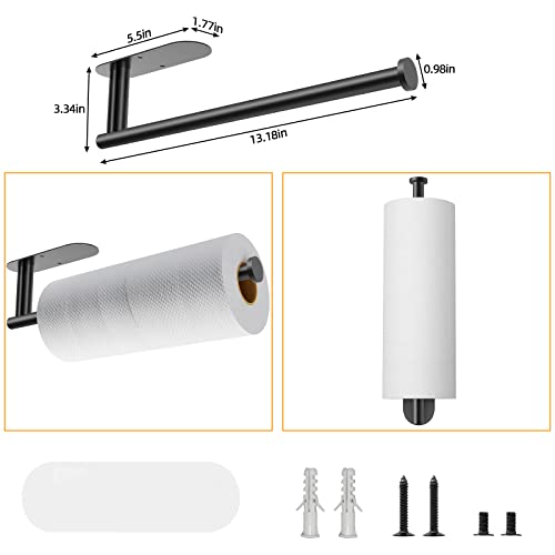 Under Cabinet Paper Towel Holder, New Upgrade Double Rod Bearing Self-Adhesive or Drilling Wall Mounted Paper Towels Rolls Holder for Kitchen,Black