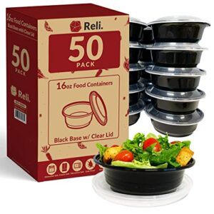 reli. (50 pack 16 oz. meal prep container bowls – reusable 16 oz meal prep bowls/food containers plastic – microwavable freezer dishwasher safe bowls with lids, black bpa free food storage container