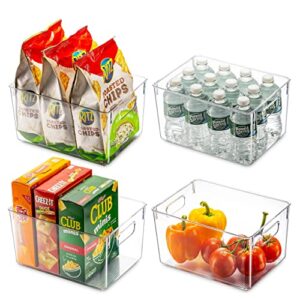 set of 4 clear pantry organizer bins household plastic food storage basket with cutout handles for kitchen, countertops, cabinets, refrigerator, freezer, bedrooms, bathrooms – 11″ wide