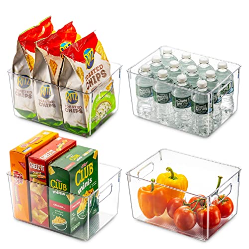 Set Of 4 Clear Pantry Organizer Bins Household Plastic Food Storage Basket with Cutout Handles for Kitchen, Countertops, Cabinets, Refrigerator, Freezer, Bedrooms, Bathrooms - 11" Wide