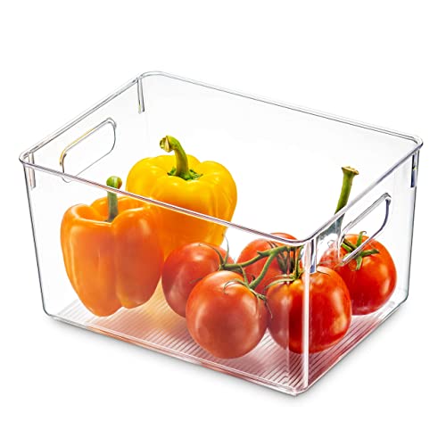 Set Of 4 Clear Pantry Organizer Bins Household Plastic Food Storage Basket with Cutout Handles for Kitchen, Countertops, Cabinets, Refrigerator, Freezer, Bedrooms, Bathrooms - 11" Wide