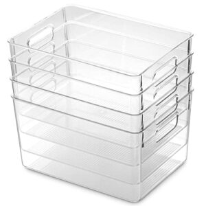 Set Of 4 Clear Pantry Organizer Bins Household Plastic Food Storage Basket with Cutout Handles for Kitchen, Countertops, Cabinets, Refrigerator, Freezer, Bedrooms, Bathrooms - 11" Wide