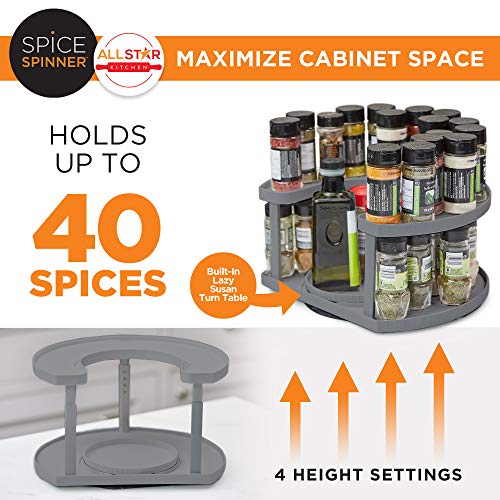 Spice Spinner Two-Tiered Spice Organizer & Holder That Saves Space, Keeps Everything Neat, Organized & Within Reach With Dual Spin Turntables- Grey