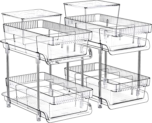 2 Tier Clear Pull Out Organizers and Storage - Snack Organization for Pantry w Lids/Dividers, Slide-Out Under Sink Organizer for Bathroom and Kitchen, Cabinet/Countertop Acrylic Drawers Medicine Bins