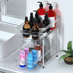 2 Tier Clear Pull Out Organizers and Storage - Snack Organization for Pantry w Lids/Dividers, Slide-Out Under Sink Organizer for Bathroom and Kitchen, Cabinet/Countertop Acrylic Drawers Medicine Bins