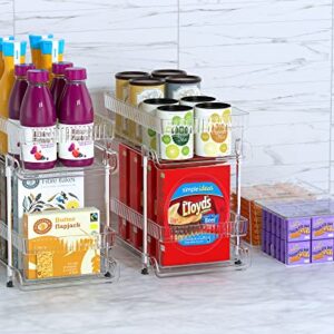 2 Tier Clear Pull Out Organizers and Storage - Snack Organization for Pantry w Lids/Dividers, Slide-Out Under Sink Organizer for Bathroom and Kitchen, Cabinet/Countertop Acrylic Drawers Medicine Bins