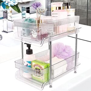 2 Tier Clear Pull Out Organizers and Storage - Snack Organization for Pantry w Lids/Dividers, Slide-Out Under Sink Organizer for Bathroom and Kitchen, Cabinet/Countertop Acrylic Drawers Medicine Bins