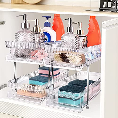 2 Tier Clear Pull Out Organizers and Storage - Snack Organization for Pantry w Lids/Dividers, Slide-Out Under Sink Organizer for Bathroom and Kitchen, Cabinet/Countertop Acrylic Drawers Medicine Bins