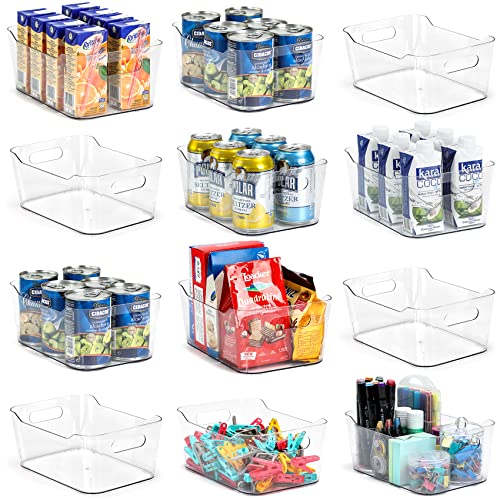 [ 12 Pack ] Multi-Use Clear Bins for Organizing - Fridge, Refrigerator Organizer Bins - Pantry Organization and Storage - Plastic Containers for Home, Kitchen, Freezer, SOHO Collection, Canbinet, RV