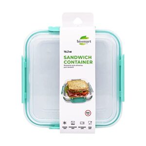 biosmart sandwich container: reusable, bpa free plastic food storage with snap-off, leak-proof lid