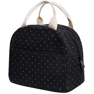 eurcross upgraded compact black lunch bag for girls women,canvas reusable polka dot lunch tote box bag for work school