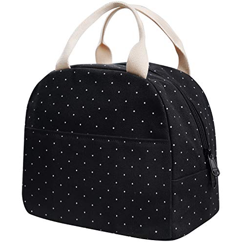 EurCross Upgraded Compact Black Lunch Bag for Girls Women,Canvas Reusable Polka Dot Lunch Tote Box Bag for Work School