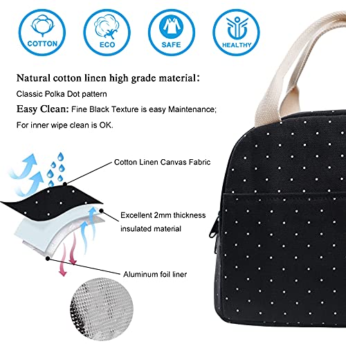 EurCross Upgraded Compact Black Lunch Bag for Girls Women,Canvas Reusable Polka Dot Lunch Tote Box Bag for Work School