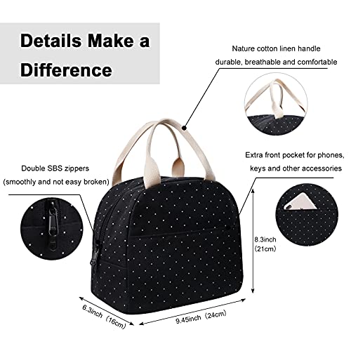 EurCross Upgraded Compact Black Lunch Bag for Girls Women,Canvas Reusable Polka Dot Lunch Tote Box Bag for Work School