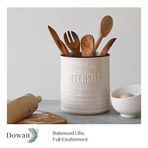 DOWAN Kitchen Utensil Holder, 7.2″ Extra-Large Ceramic Stable Utensil Caddy, Rustic Cooking Utensil Crock for Farmhouse Kitchen Décor with Countertop-Protection Cork Bottom, Counter Utensil Organizer