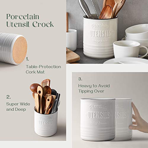 DOWAN Kitchen Utensil Holder, 7.2″ Extra-Large Ceramic Stable Utensil Caddy, Rustic Cooking Utensil Crock for Farmhouse Kitchen Décor with Countertop-Protection Cork Bottom, Counter Utensil Organizer