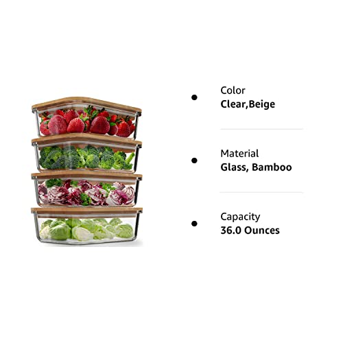 Glass Food Storage Containers with Bamboo Lids (4 Pack, 36 Ounce) Eco Friendly Meal Prep Containers Airtight – Plastic Free, BPA Free