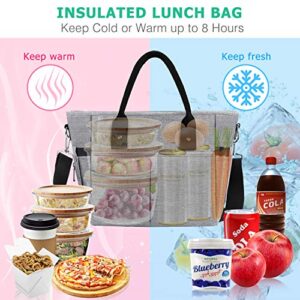 KIPBELIF Insulated Lunch Bags for Women - Large Tote Adult Lunch Box for Women with Shoulder Strap, Side Pockets and Water Bottle Holder, Gray, Normal Size