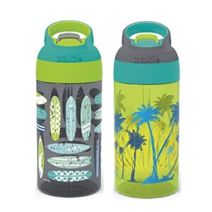 zak designs 16oz riverside beach life kids water bottle with straw and built in carrying loop made of durable plastic, leak-proof design for travel, 2 count (pack of 1)
