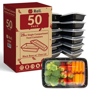 reli. (50 pack 28 oz. meal prep containers – 1 compartment food containers with lids, stackable microwavable freezer dishwasher safe plastic food storage – black reusable bpa free bento box/lunch box