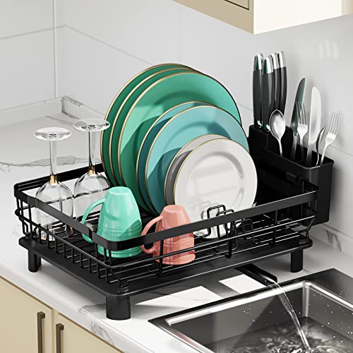 MOUKABAL Dish Drying Rack, Dish Rack,Dish Racks for Kitchen Counter,Dish Drainer with Removable Utensil Holder,Dish Drying Rack with Drainboard and Swivel Spout(Black)